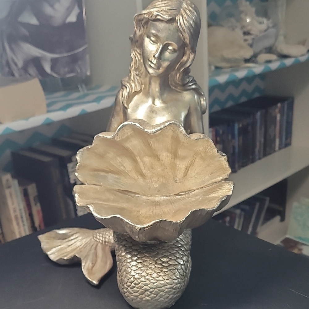 Silver and Gold Resin Mermaid With Clamshell Bowl